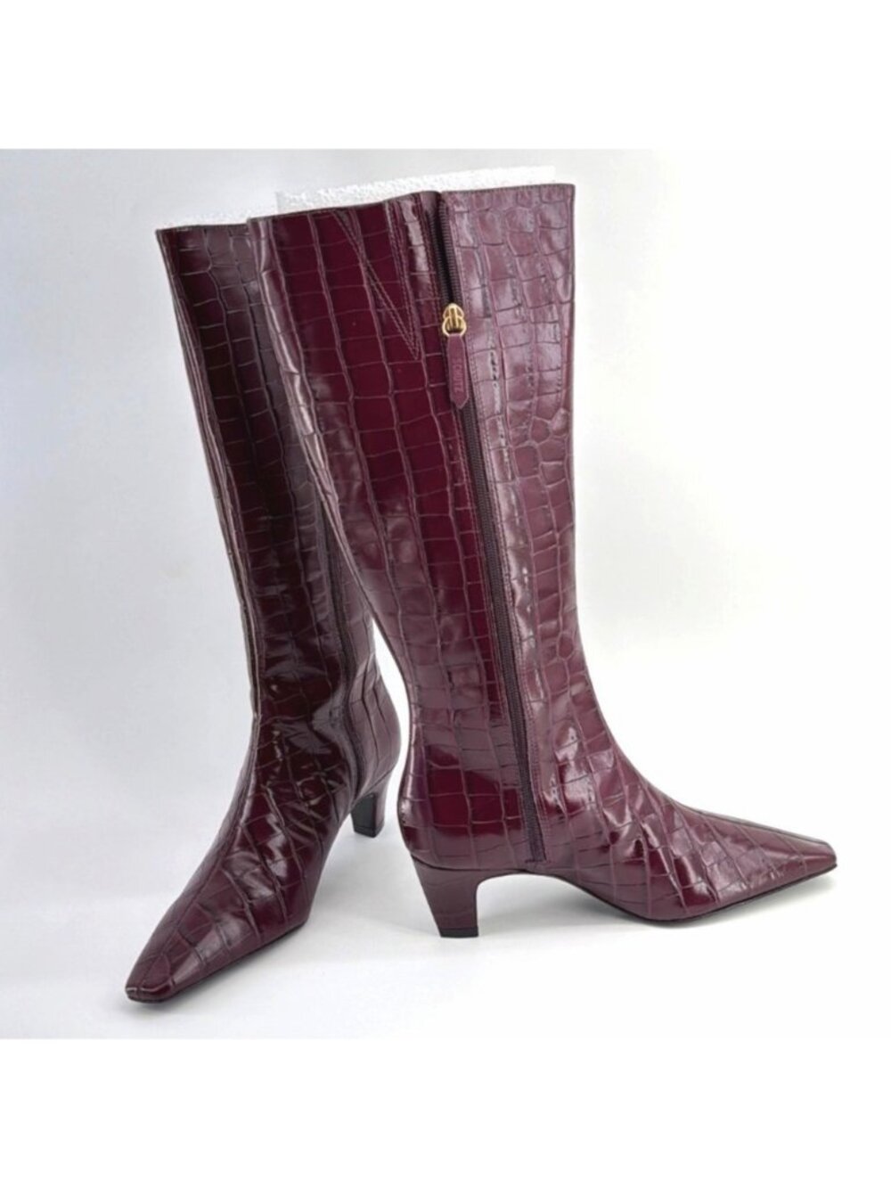 Schutz Dellia Boots Low Heel Croc Burgundy Wide Calf Kitten Heel Women Size 7B